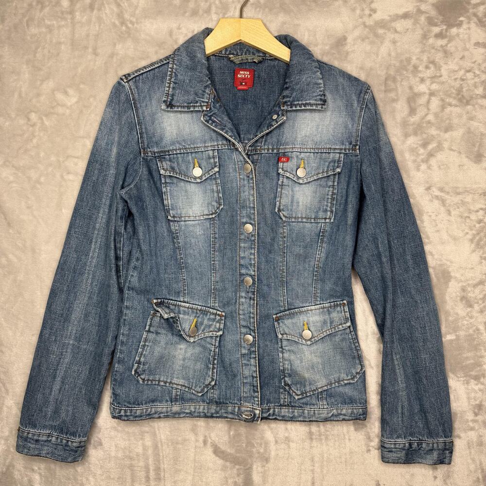 Vintage Miss Sixty Jacket Womens Medium Y2K Blue Denim Snap Front Pockets Italy
